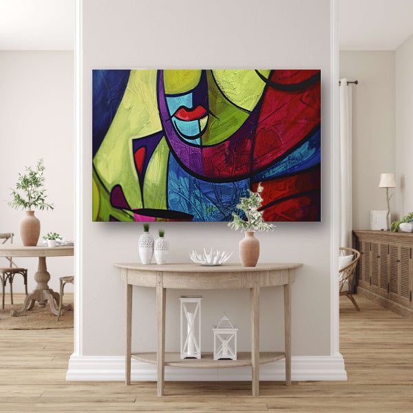 Abstracte kleurrijke kubistische kunst canvas met baklijst