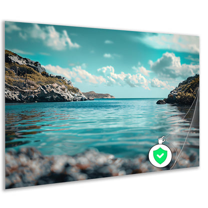 Rustgevende lagune met rotsachtige kustenposter
