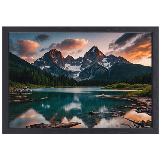 Adembenemend Berglandschap met Spiegelend Meer canvas met baklijst