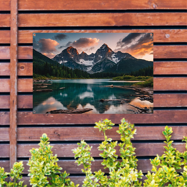 Adembenemend Berglandschap met Spiegelend Meer tuinposter