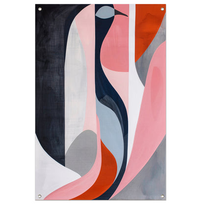 Abstract minimalistisch kunstwerk met kleurrijke vogel tuinposter