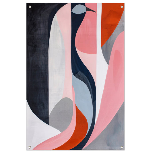 Abstract minimalistisch kunstwerk met kleurrijke vogel tuinposter