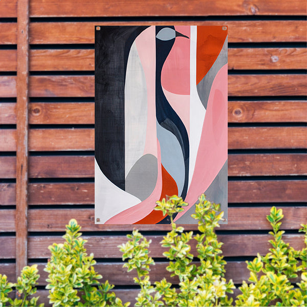 Abstract minimalistisch kunstwerk met kleurrijke vogel tuinposter