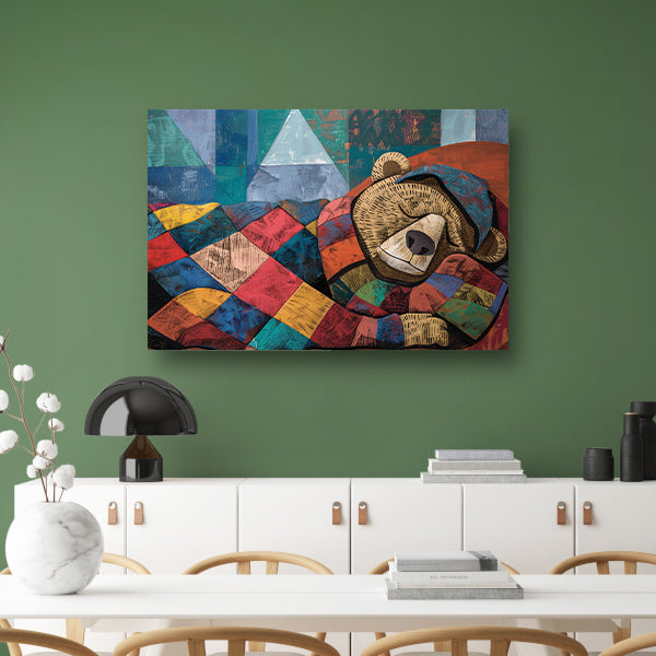 Kleurrijke slapende beer met geometrisch dekbed acrylglas