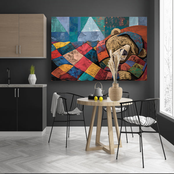 Kleurrijke slapende beer met geometrisch dekbed acrylglas