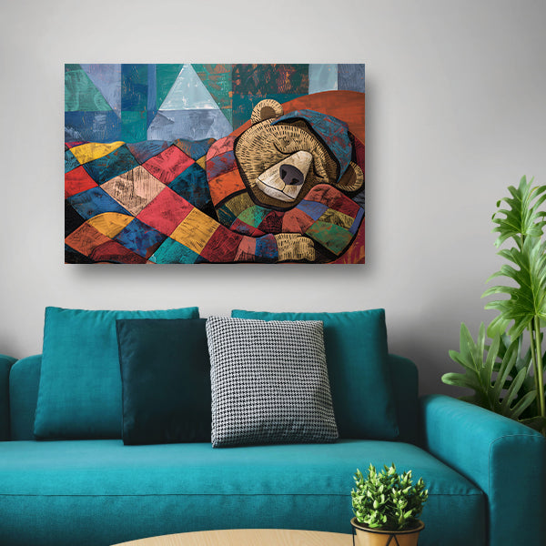 Kleurrijke slapende beer met geometrisch dekbed acrylglas