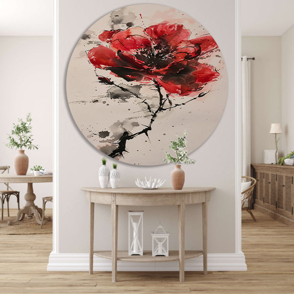 Abstracte aquarel schilderij van een rode bloem aluminium muurcirkel