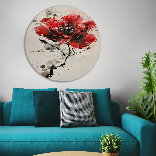 Abstracte aquarel schilderij van een rode bloem aluminium muurcirkel