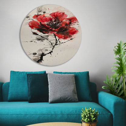 Abstracte aquarel schilderij van een rode bloem aluminium muurcirkel