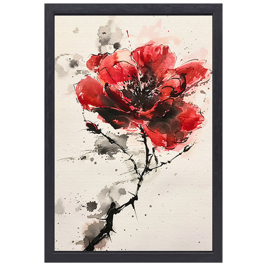 Abstracte aquarel schilderij van een rode bloem canvas met baklijst