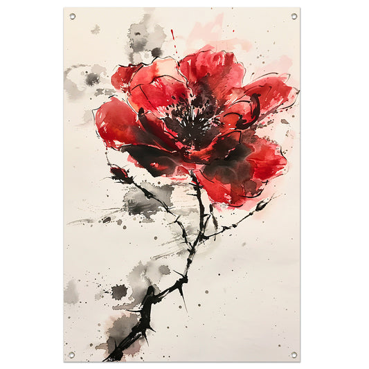 Abstracte aquarel schilderij van een rode bloem tuinposter