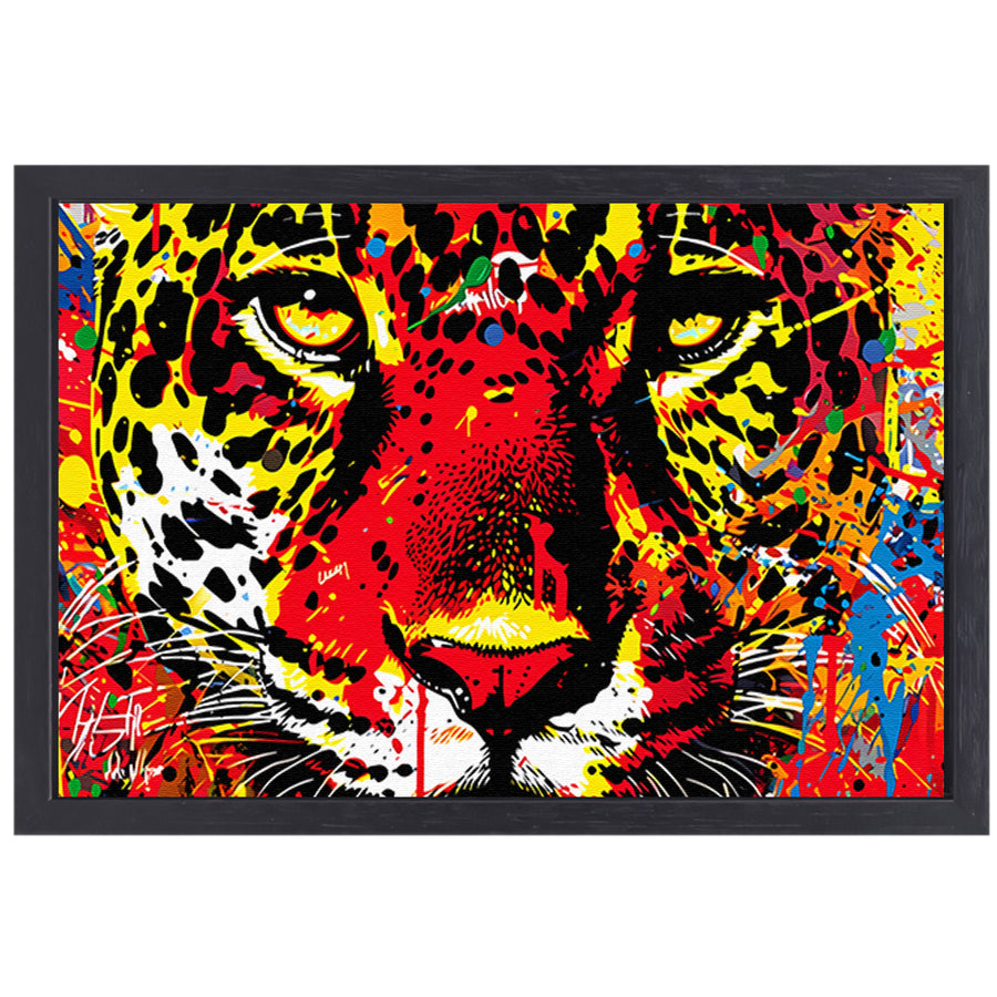 Dynamisch en kleurrijk portret van een jaguar canvas met baklijst