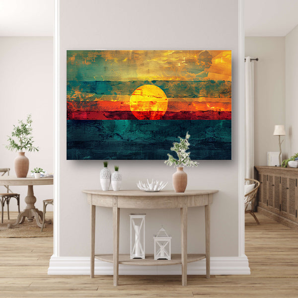 Abstracte digitale zonsondergang schilderij canvas met baklijst