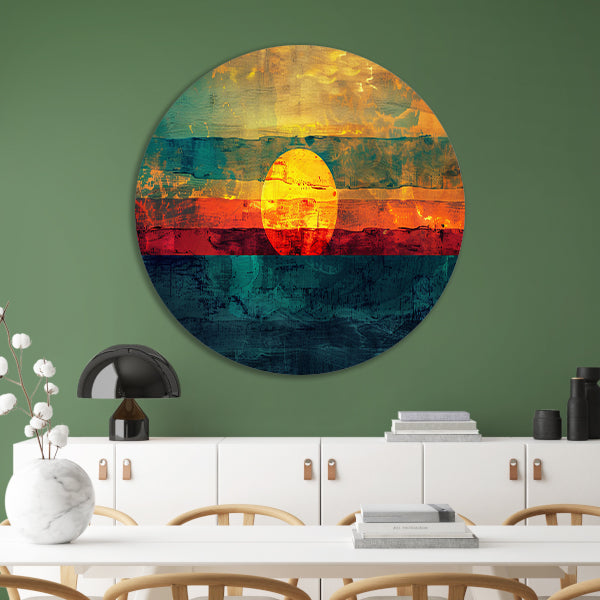 Abstracte digitale zonsondergang schilderij aluminium muurcirkel