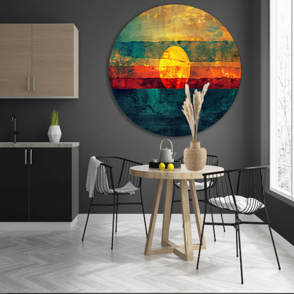 Abstracte digitale zonsondergang schilderij aluminium muurcirkel