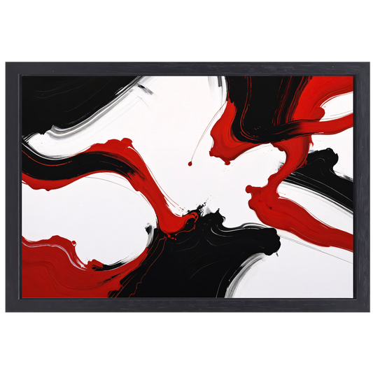 Contrastrijke abstractie in rood en zwart canvas met baklijst
