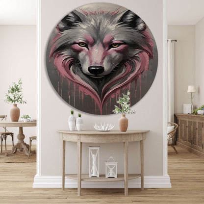 Abstracte Wolf in Druppels van Roze en Grijs aluminium muurcirkel