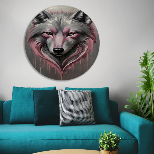 Abstracte Wolf in Druppels van Roze en Grijs aluminium muurcirkel