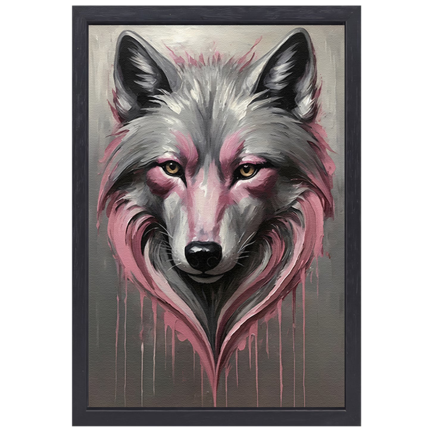 Abstracte Wolf in Druppels van Roze en Grijs canvas met baklijst
