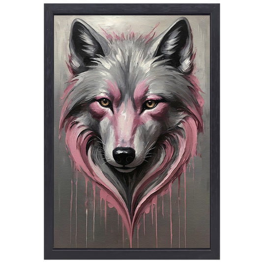 Abstracte Wolf in Druppels van Roze en Grijs canvas met baklijst