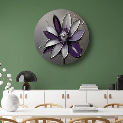 Abstracte Paarse Bloem met Zilveren Accenten aluminium muurcirkel