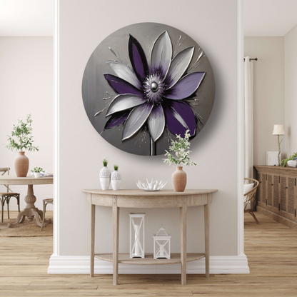 Abstracte Paarse Bloem met Zilveren Accenten aluminium muurcirkel