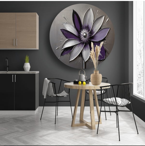 Abstracte Paarse Bloem met Zilveren Accenten aluminium muurcirkel