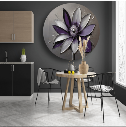 Abstracte Paarse Bloem met Zilveren Accenten aluminium muurcirkel