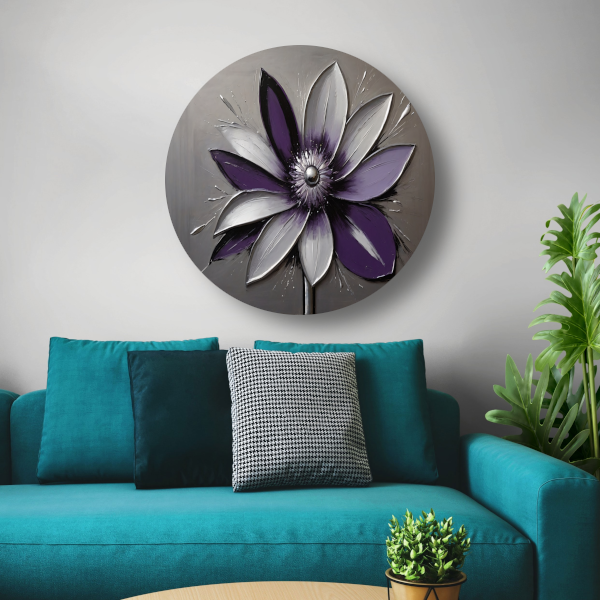 Abstracte Paarse Bloem met Zilveren Accenten aluminium muurcirkel