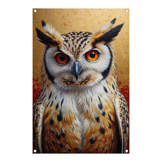 Intense Blik van een Kleurrijke Uil tuinposter