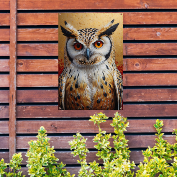 Intense Blik van een Kleurrijke Uil tuinposter