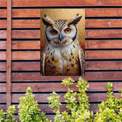 Intense Blik van een Kleurrijke Uil tuinposter