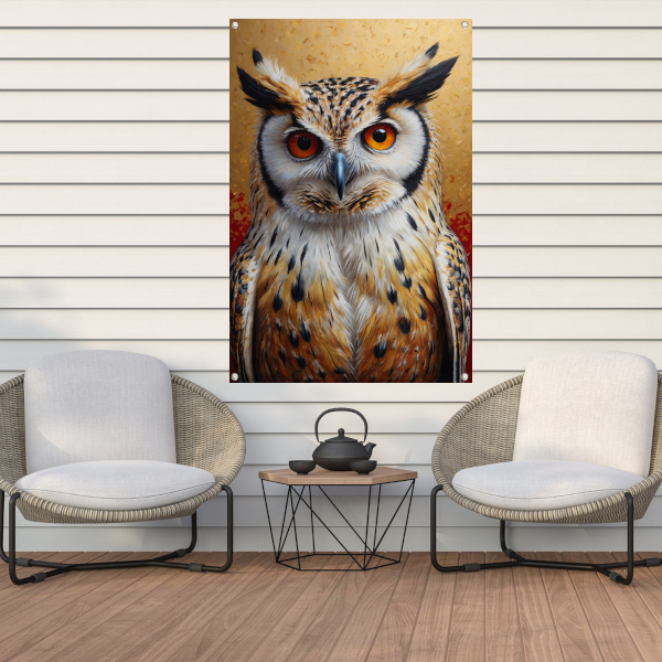 Intense Blik van een Kleurrijke Uil tuinposter