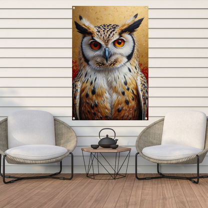 Intense Blik van een Kleurrijke Uil tuinposter