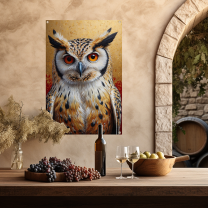 Intense Blik van een Kleurrijke Uil tuinposter
