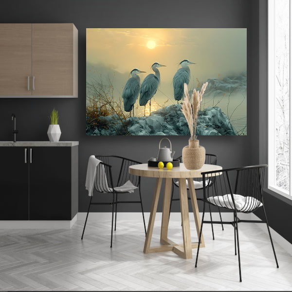 Reigers bij zonsondergang canvas