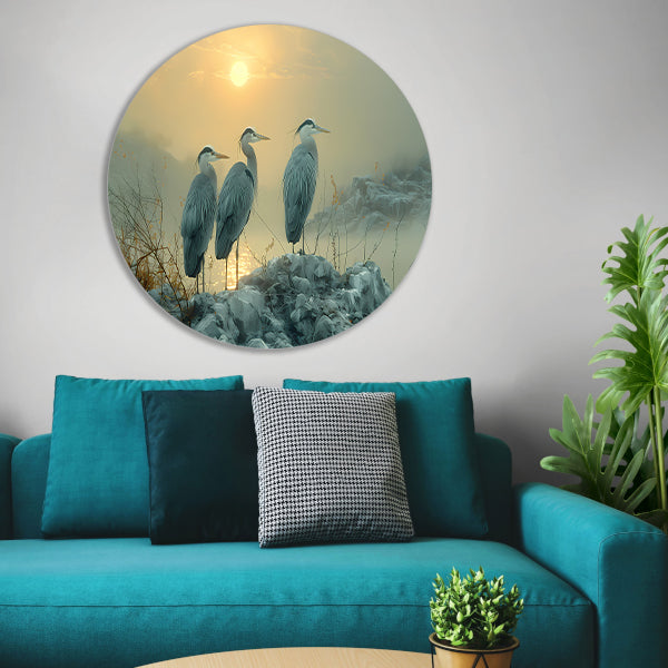 Reigers bij zonsondergang aluminium muurcirkel