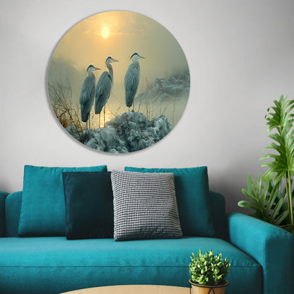 Reigers bij zonsondergang aluminium muurcirkel