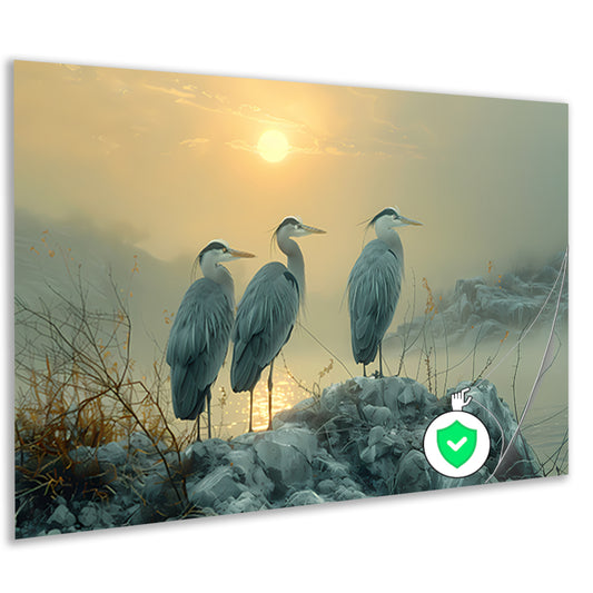 Reigers bij zonsondergang poster