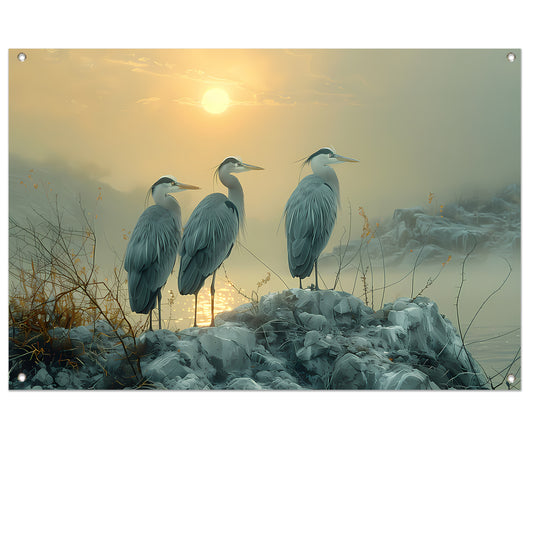 Reigers bij zonsondergang tuinposter