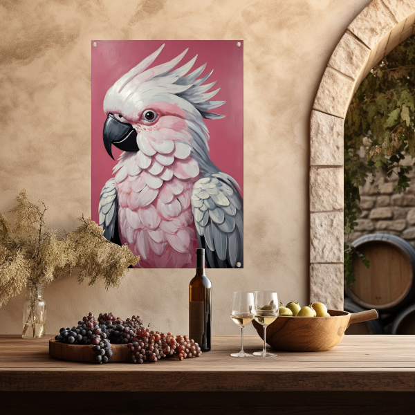 Roze papegaai modern realistisch olieverfportret tuinposter