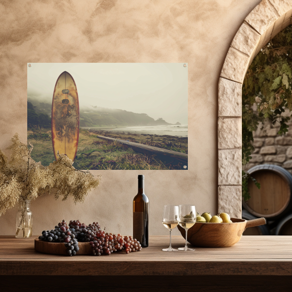 Verweerd Surfboard op Mistig Strand tuinposter