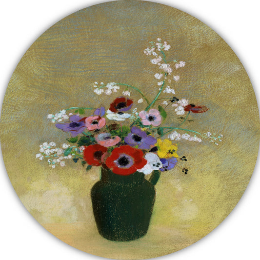 Grote Groene Vaas met Gemengde Bloemen - Odilon Redon aluminium muurcirkel