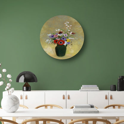 Grote Groene Vaas met Gemengde Bloemen - Odilon Redon aluminium muurcirkel