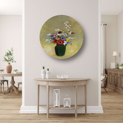 Grote Groene Vaas met Gemengde Bloemen - Odilon Redon aluminium muurcirkel