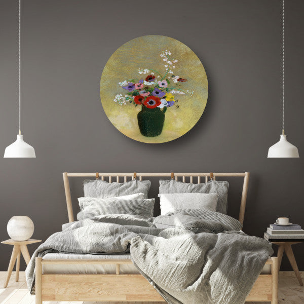 Grote Groene Vaas met Gemengde Bloemen - Odilon Redon aluminium muurcirkel