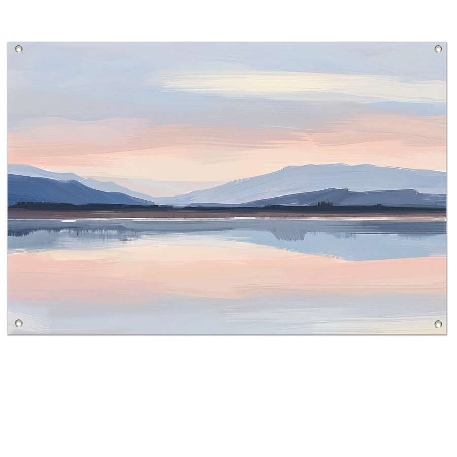 Digitale kunst serene berglandschap zonsondergang tuinposter