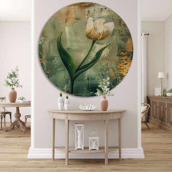 Witte tulp in abstracte expressieve olieverf aluminium muurcirkel