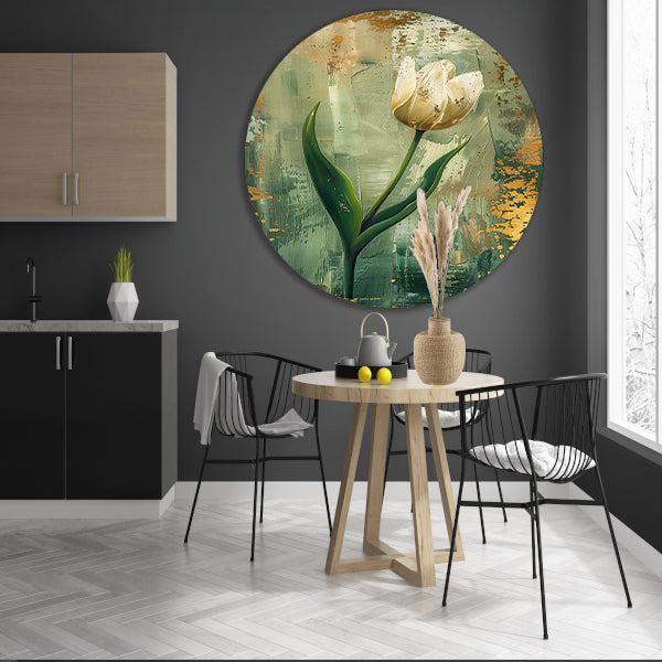Witte tulp in abstracte expressieve olieverf aluminium muurcirkel