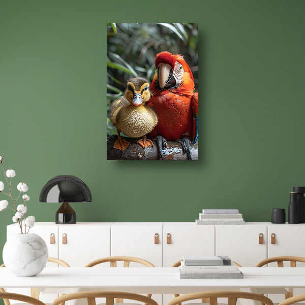 Eendenkuiken en Ara: Een Onverwachte Vriendschap canvas met baklijst